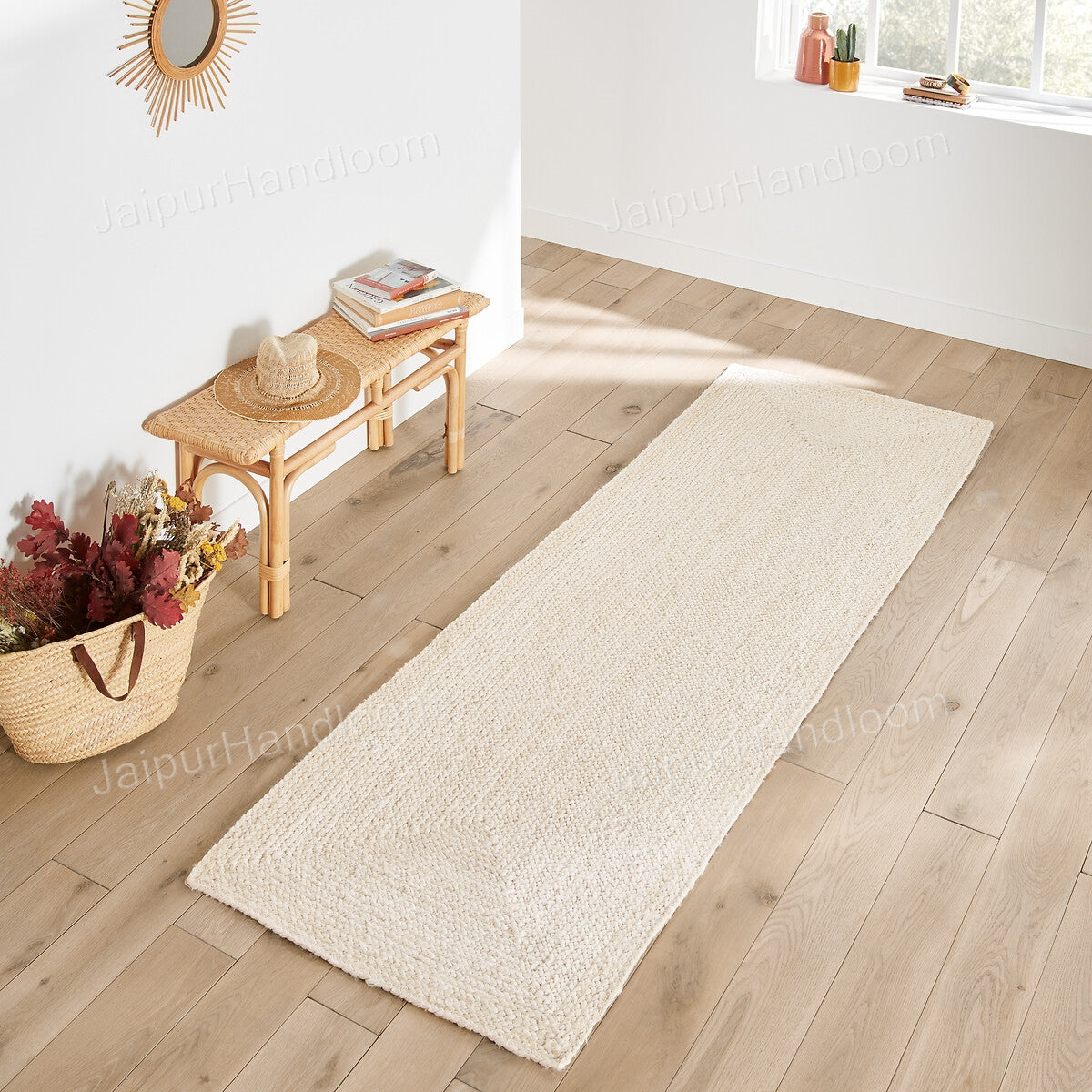 White Beige Jute Braided Runner Rugfor Living Room – 9 x 12 handmade by LoomifyHome