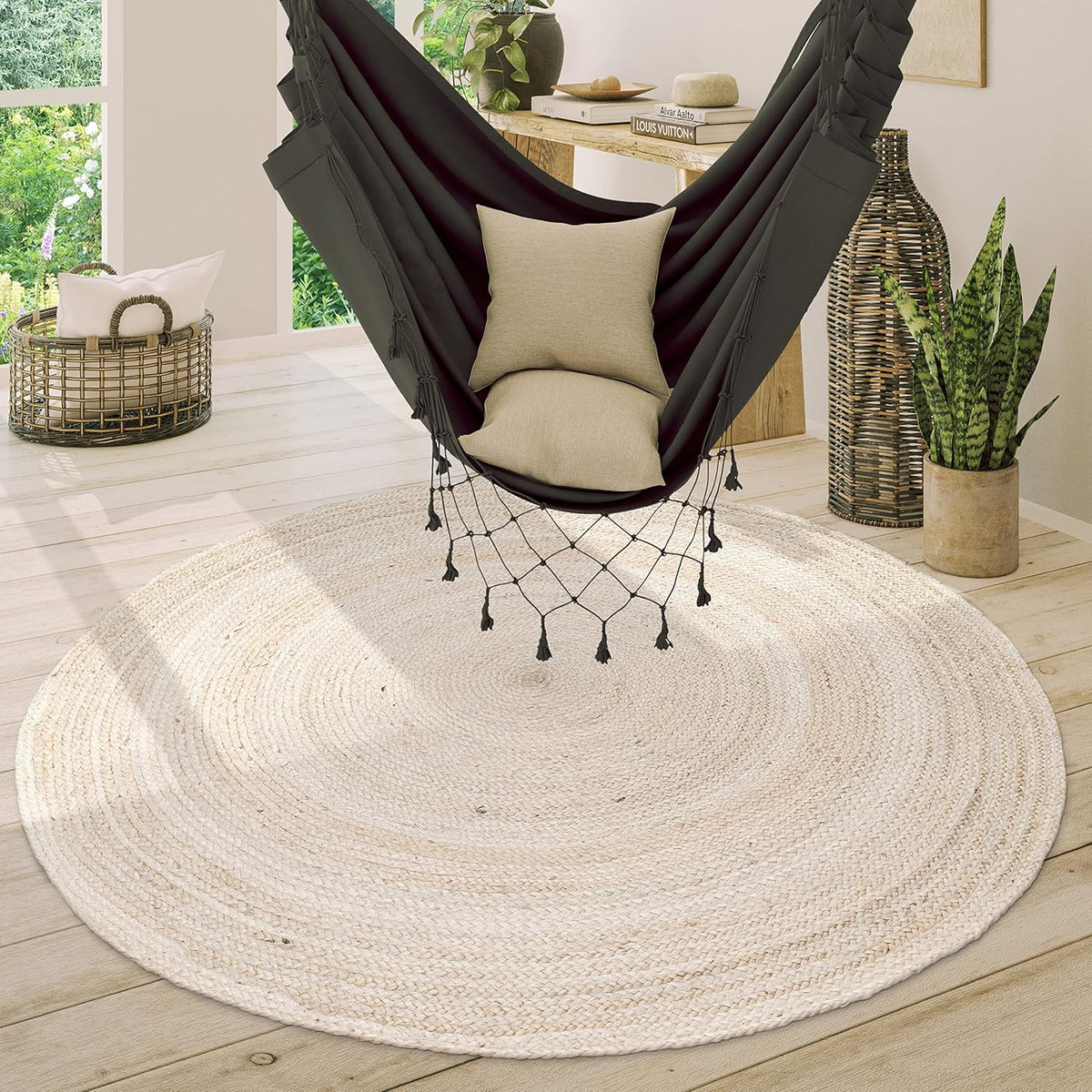 White Beige Jute Braided Round Rugfor Living Room – Reversible handmade by LoomifyHome