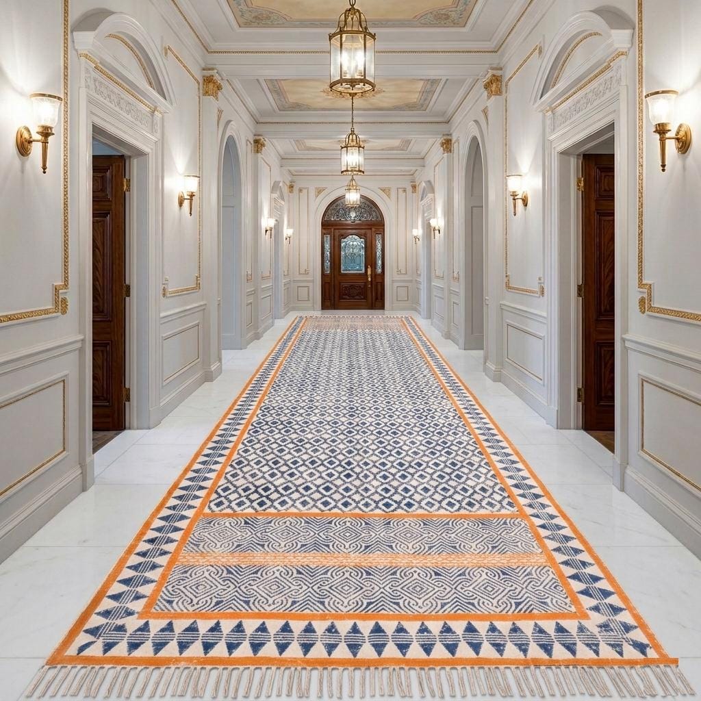 Handmade Woven Cotton Rug, Boho Orange Block Printed Cotton Area Rug Washable Rug for Hallways, Entryways, Bedroom, Kitchen