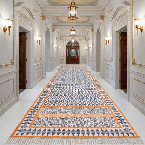 Handmade Woven Cotton Rug, Boho Orange Block Printed Cotton Area Rug Washable Rug for Hallways, Entryways, Bedroom, Kitchen