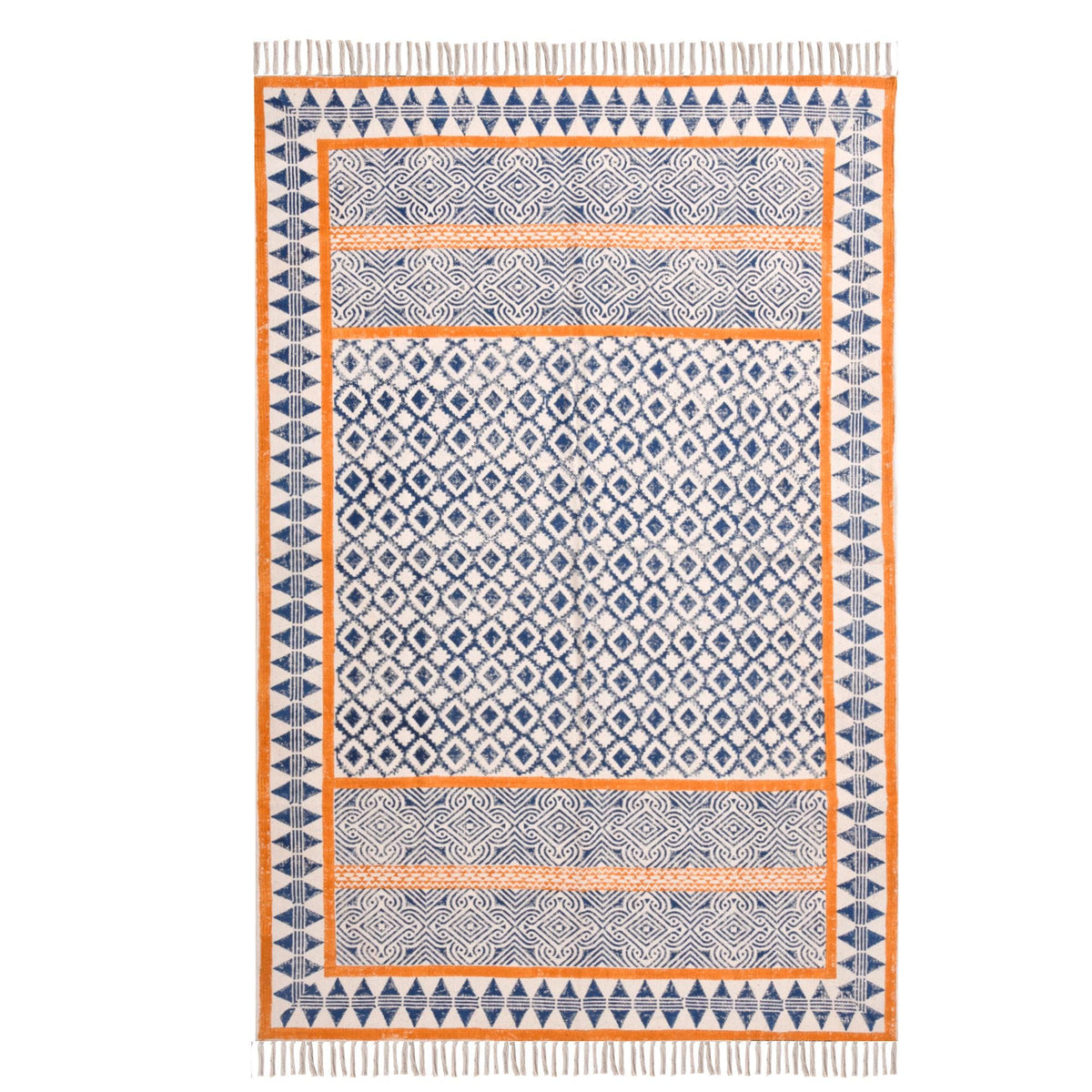 Handmade Woven Cotton Rug, Boho Orange Block Printed Cotton Area Rug Washable Rug for Hallways, Entryways, Bedroom, Kitchen