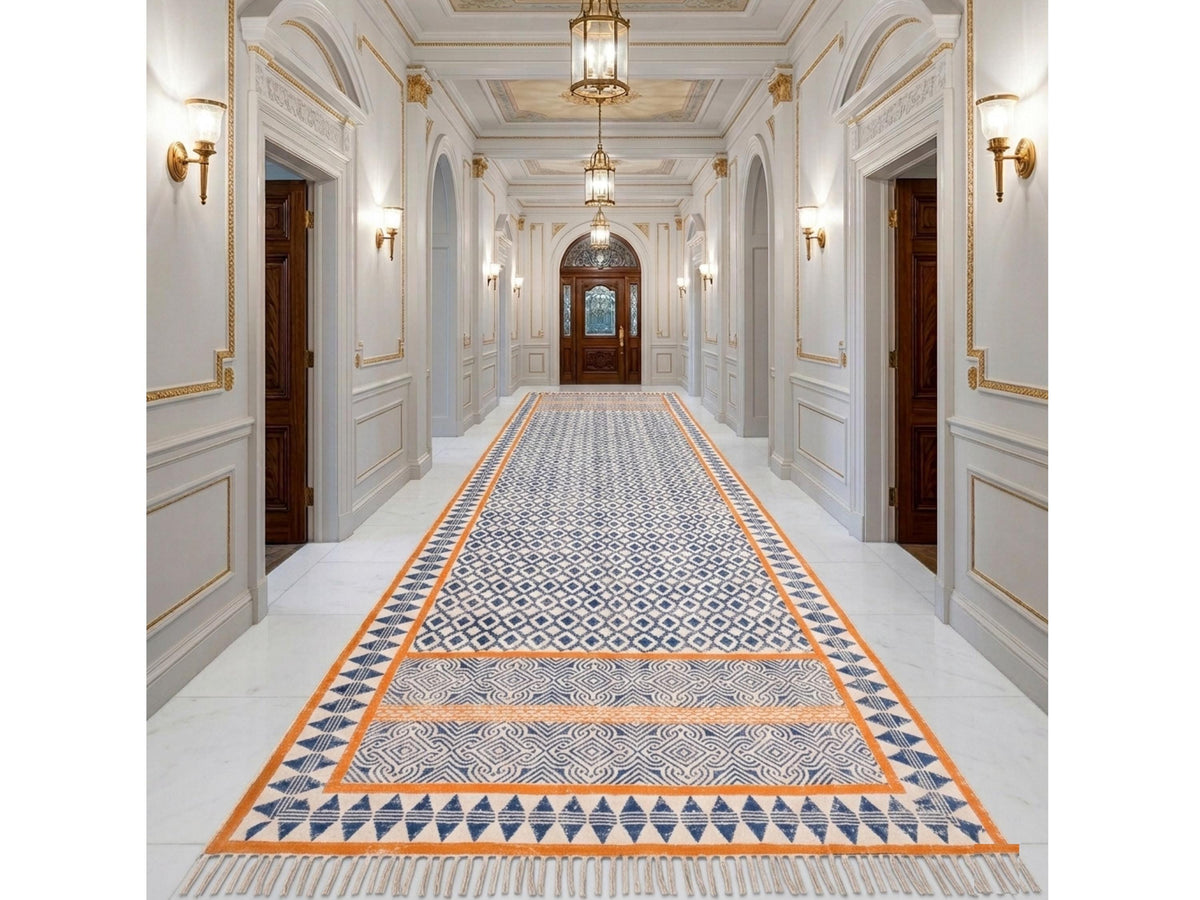 Handmade Woven Cotton Rug, Boho Orange Block Printed Cotton Area Rug Washable Rug for Hallways, Entryways, Bedroom, Kitchen