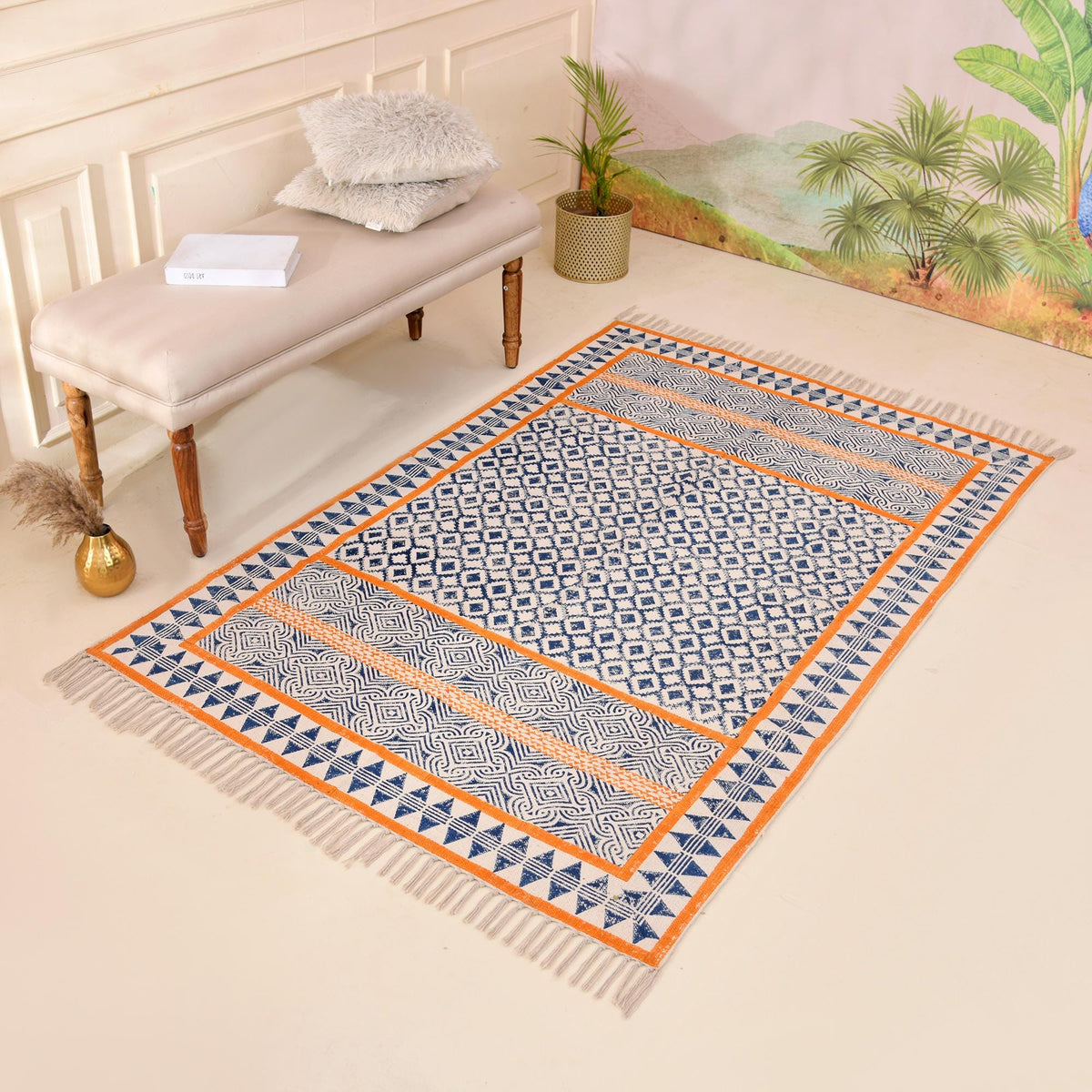 Handmade Woven Cotton Rug, Boho Orange Block Printed Cotton Area Rug Washable Rug for Hallways, Entryways, Bedroom, Kitchen