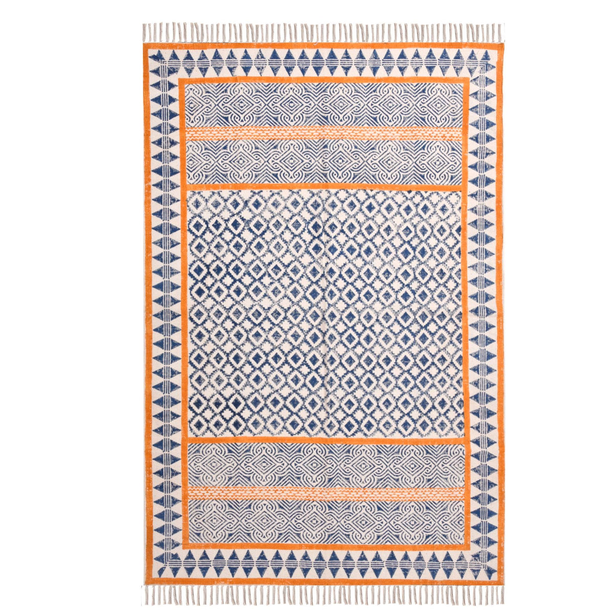 Handmade Woven Cotton Rug, Boho Orange Block Printed Cotton Area Rug Washable Rug for Hallways, Entryways, Bedroom, Kitchen