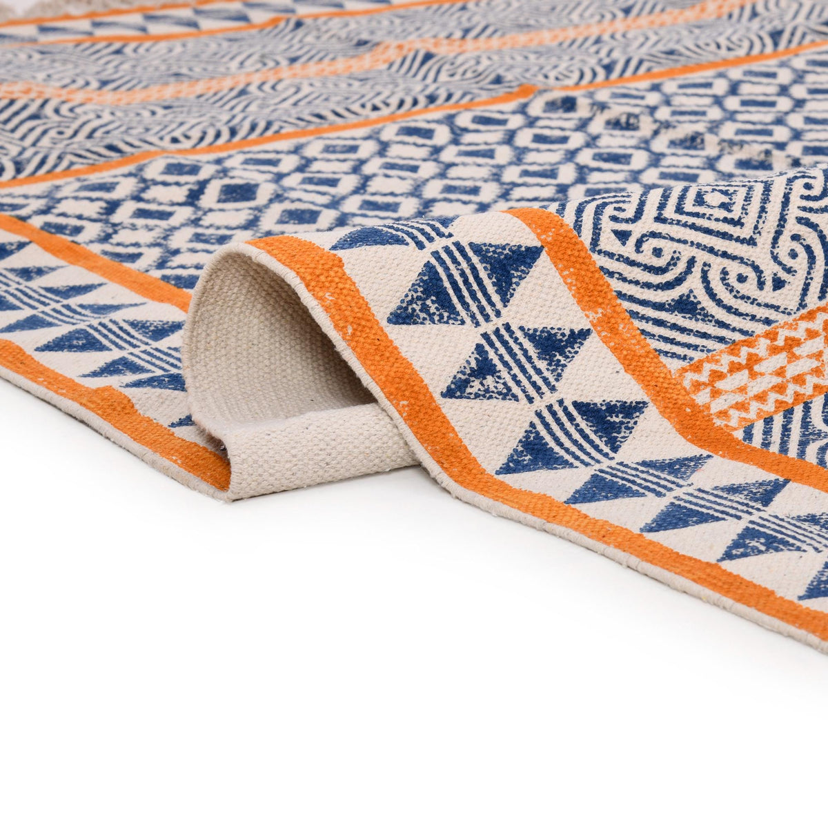 Handmade Woven Cotton Rug, Boho Orange Block Printed Cotton Area Rug Washable Rug for Hallways, Entryways, Bedroom, Kitchen