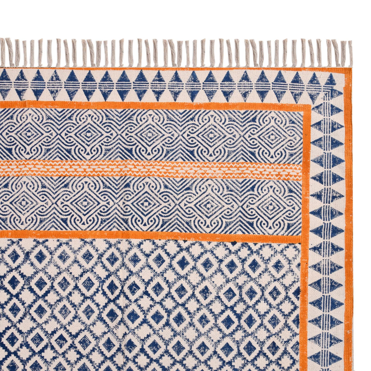 Handmade Woven Cotton Rug, Boho Orange Block Printed Cotton Area Rug Washable Rug for Hallways, Entryways, Bedroom, Kitchen