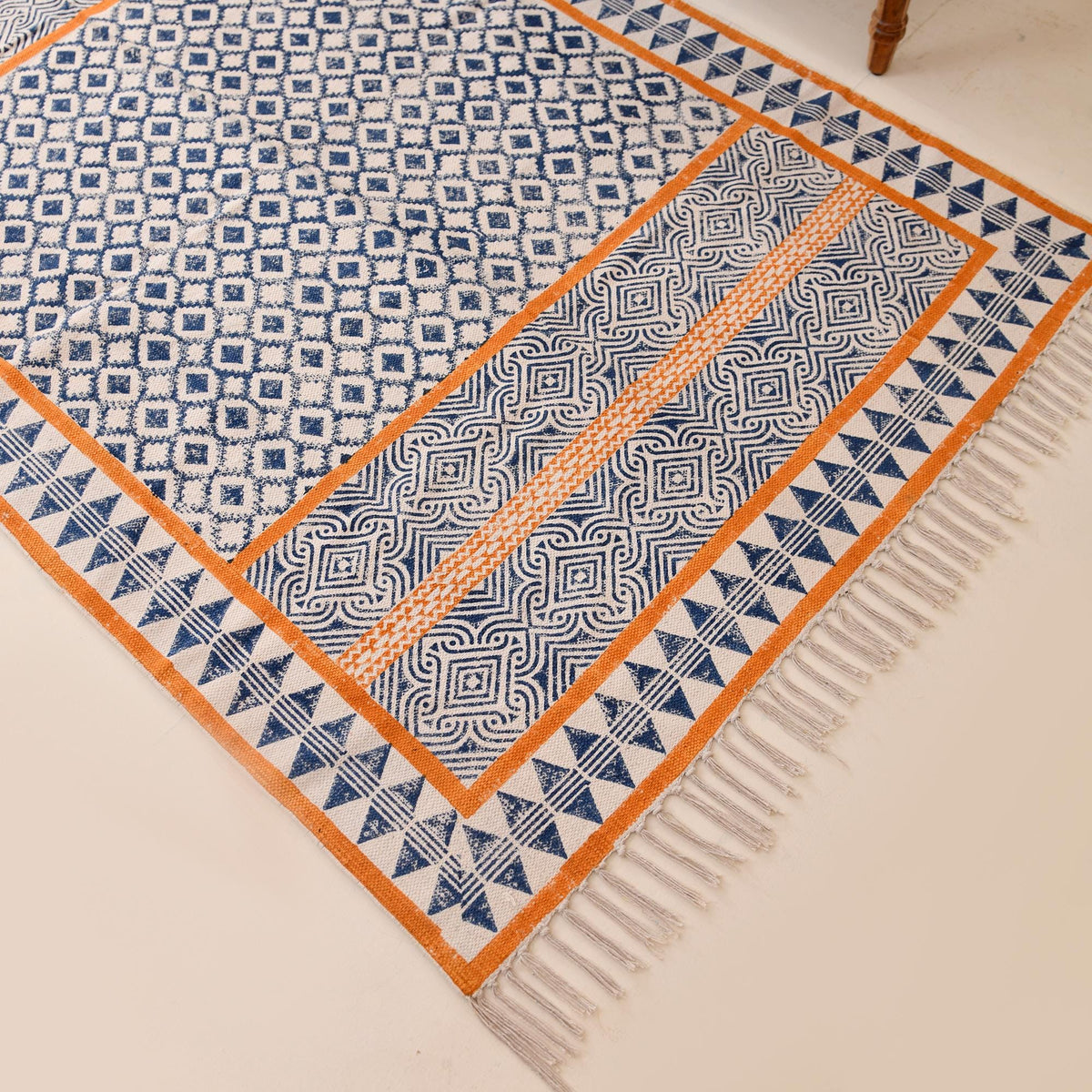 Handmade Woven Cotton Rug, Boho Orange Block Printed Cotton Area Rug Washable Rug for Hallways, Entryways, Bedroom, Kitchen
