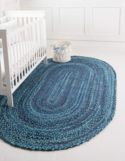Blue Multicolor Jute Braided Oval Rugfor Living Room – 3 x 5 handmade by LoomifyHome