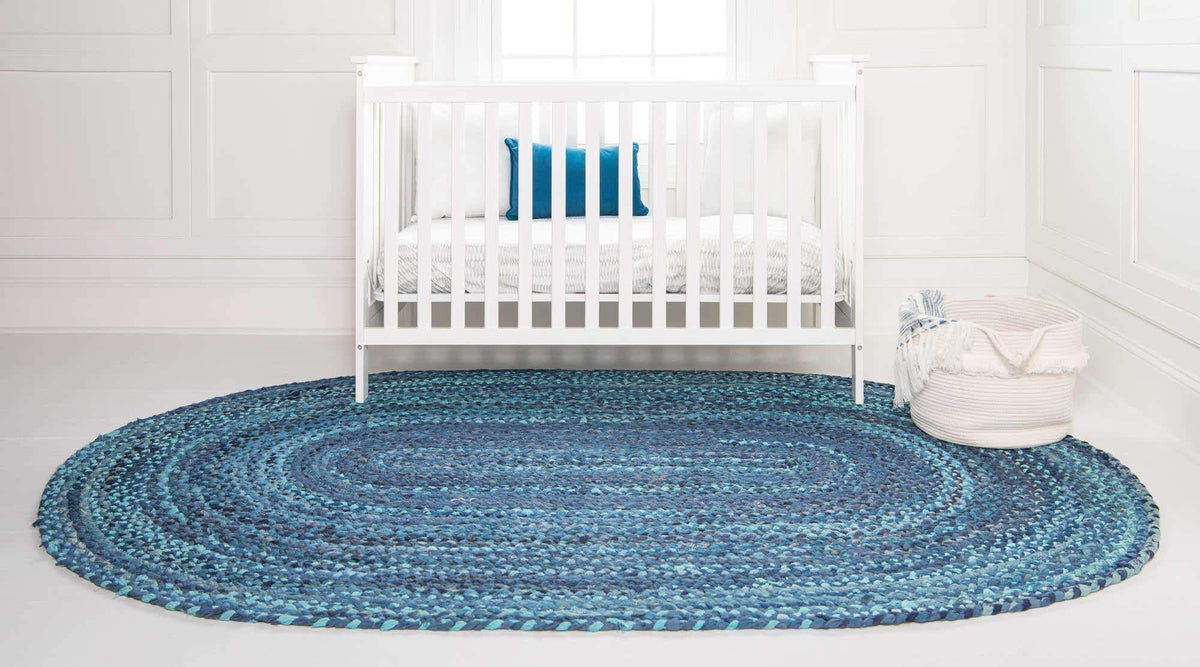 Blue Multicolor Jute Braided Oval Rugfor Living Room – 3 x 5 handmade by LoomifyHome