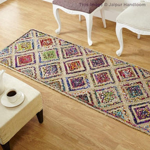 Beige Blue Jute Braided Runner Rugfor Living Room – Patchwork handmade by LoomifyHome