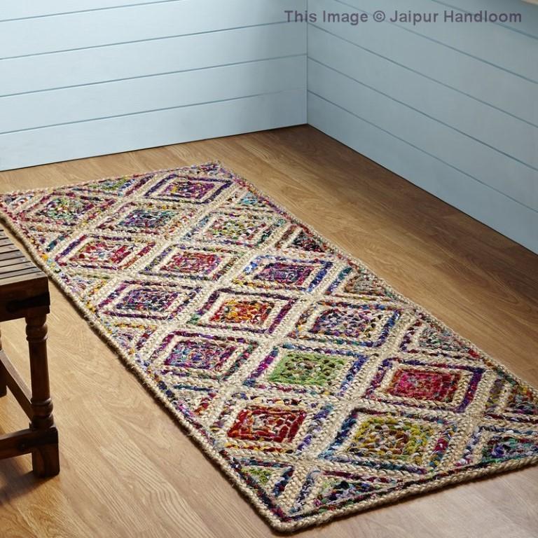 Beige Blue Jute Braided Runner Rugfor Living Room – Patchwork handmade by LoomifyHome