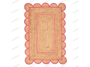 Pink Natural Jute Scalloped Rug, Bohemian Scallop Rug, Scalloped Jute Rug Natural Jute Area Rug, Boho Rug, Handwoven Jute