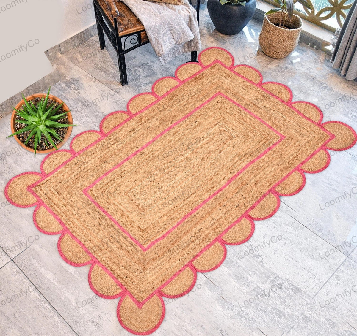 Pink Natural Jute Scalloped Rug, Bohemian Scallop Rug, Scalloped Jute Rug Natural Jute Area Rug, Boho Rug, Handwoven Jute