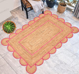 Pink Natural Jute Scalloped Rug, Bohemian Scallop Rug, Scalloped Jute Rug Natural Jute Area Rug, Boho Rug, Handwoven Jute
