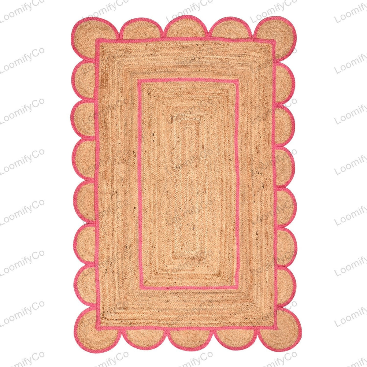 Pink Natural Jute Scalloped Rug, Bohemian Scallop Rug, Scalloped Jute Rug Natural Jute Area Rug, Boho Rug, Handwoven Jute