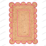 Pink Natural Jute Scalloped Rug, Bohemian Scallop Rug, Scalloped Jute Rug Natural Jute Area Rug, Boho Rug, Handwoven Jute