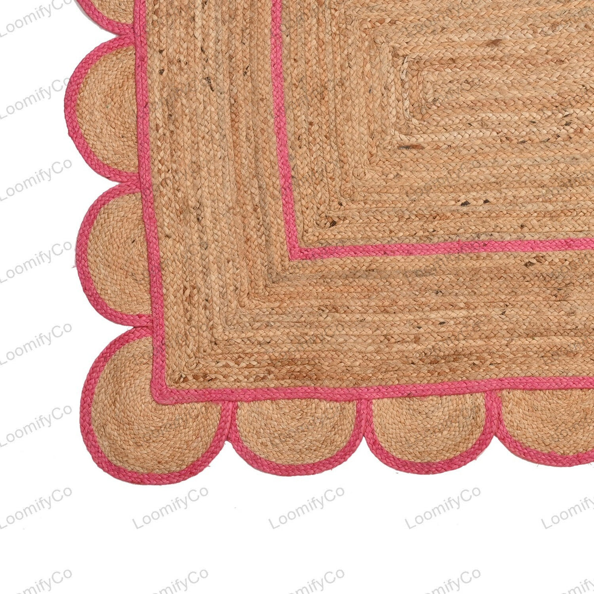 Pink Natural Jute Scalloped Rug, Bohemian Scallop Rug, Scalloped Jute Rug Natural Jute Area Rug, Boho Rug, Handwoven Jute