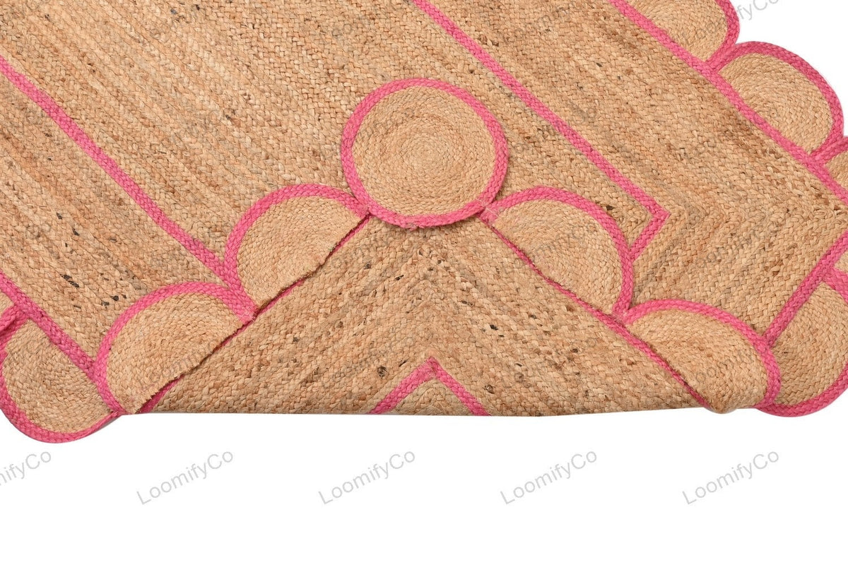 Pink Natural Jute Scalloped Rug, Bohemian Scallop Rug, Scalloped Jute Rug Natural Jute Area Rug, Boho Rug, Handwoven Jute