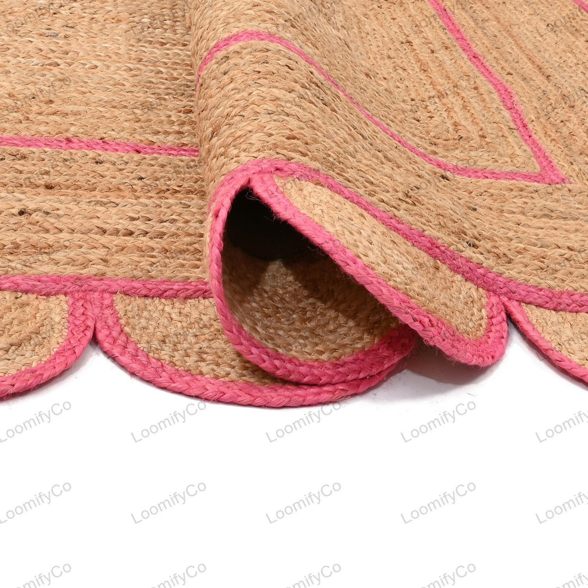 Pink Natural Jute Scalloped Rug, Bohemian Scallop Rug, Scalloped Jute Rug Natural Jute Area Rug, Boho Rug, Handwoven Jute