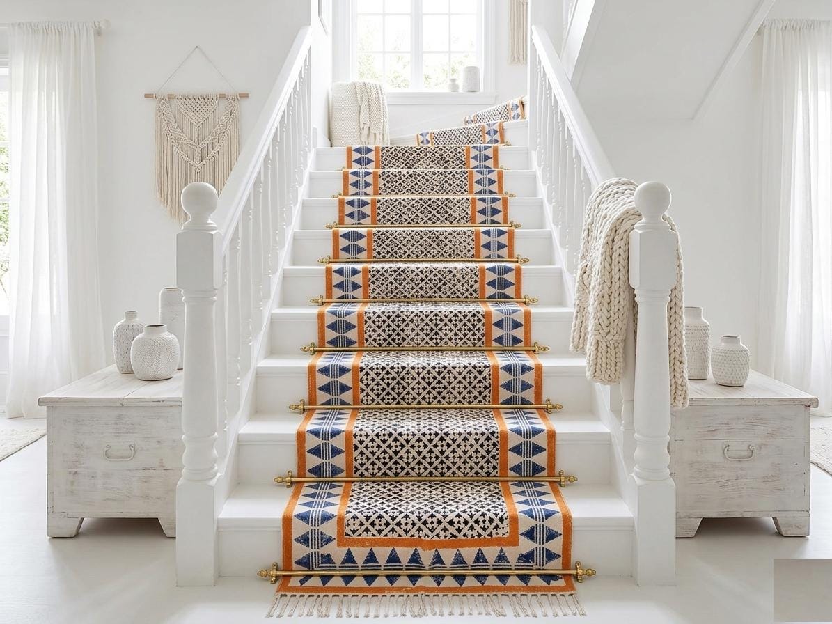 Bordered Boho Stairs Runner Rug Stair Treads Traploper  Stair Carpet treppenteppich Cotton Rug for Bedside, Entryway,