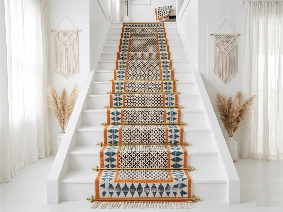 Bordered Boho Stairs Runner Rug Stair Treads Traploper  Stair Carpet treppenteppich Cotton Rug for Bedside, Entryway,