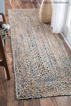 Beige Blue Jute Braided Runner Rugfor Living Room – Reversible handmade by LoomifyHome