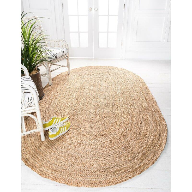 Beige Blue Jute Braided Oval Rugfor Living Room – Coastal handmade by LoomifyHome