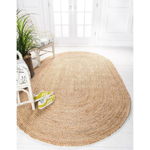 Beige Blue Jute Braided Oval Rugfor Living Room – Coastal handmade by LoomifyHome