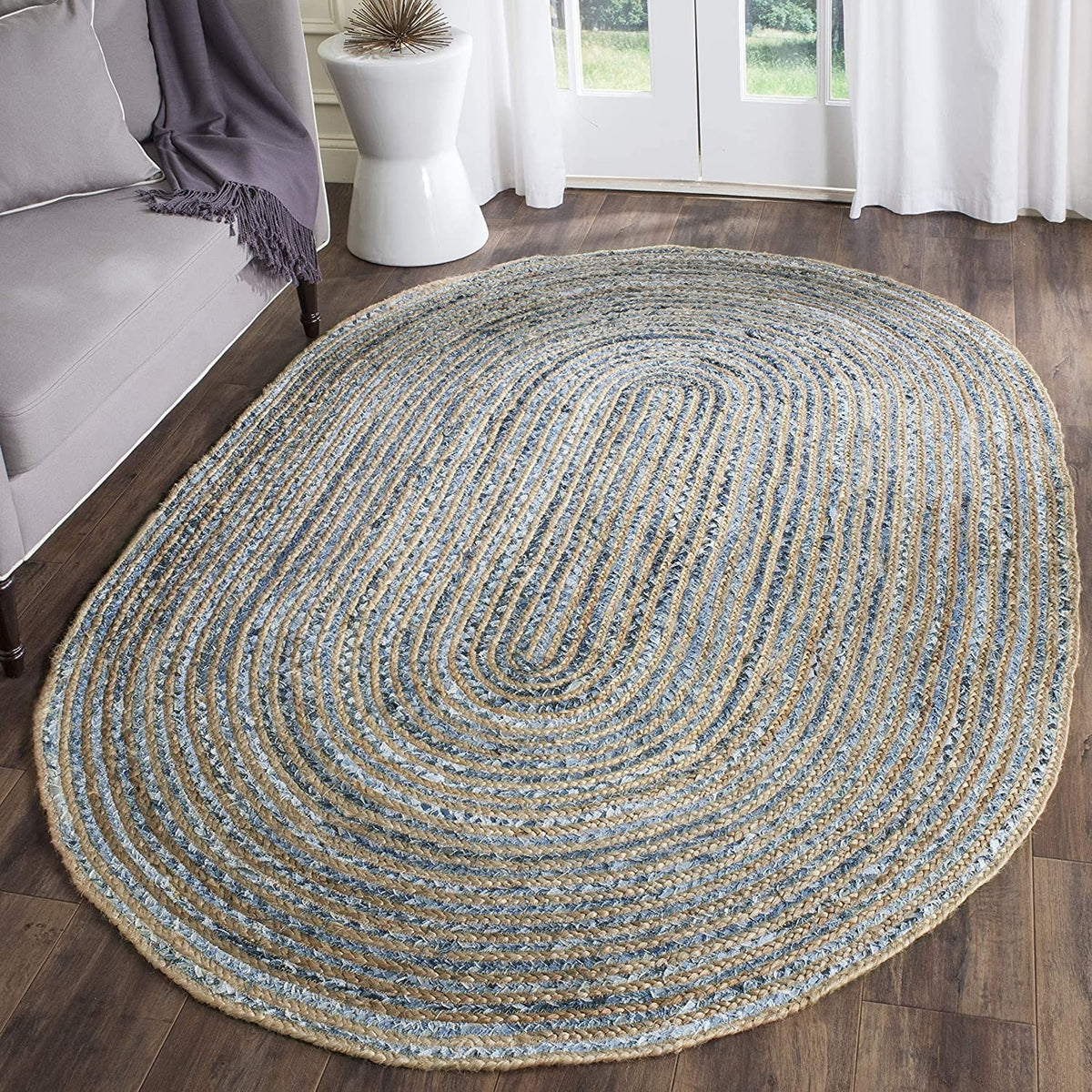 Blue Multicolor Jute Braided Oval Rugfor Living Room – 8 x 10 handmade by LoomifyHome