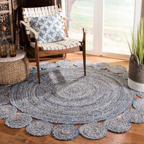 Beige Blue Jute Braided Round Rugfor Living Room – Outdoor handmade by LoomifyHome