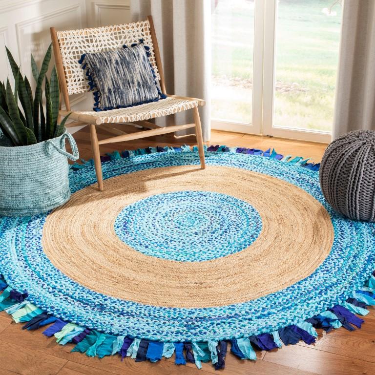 Beige Blue Jute Braided Round Rugfor Living Room – 4 x 4 handmade by LoomifyHome