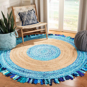 Beige Blue Jute Braided Round Rugfor Living Room – 4 x 4 handmade by LoomifyHome