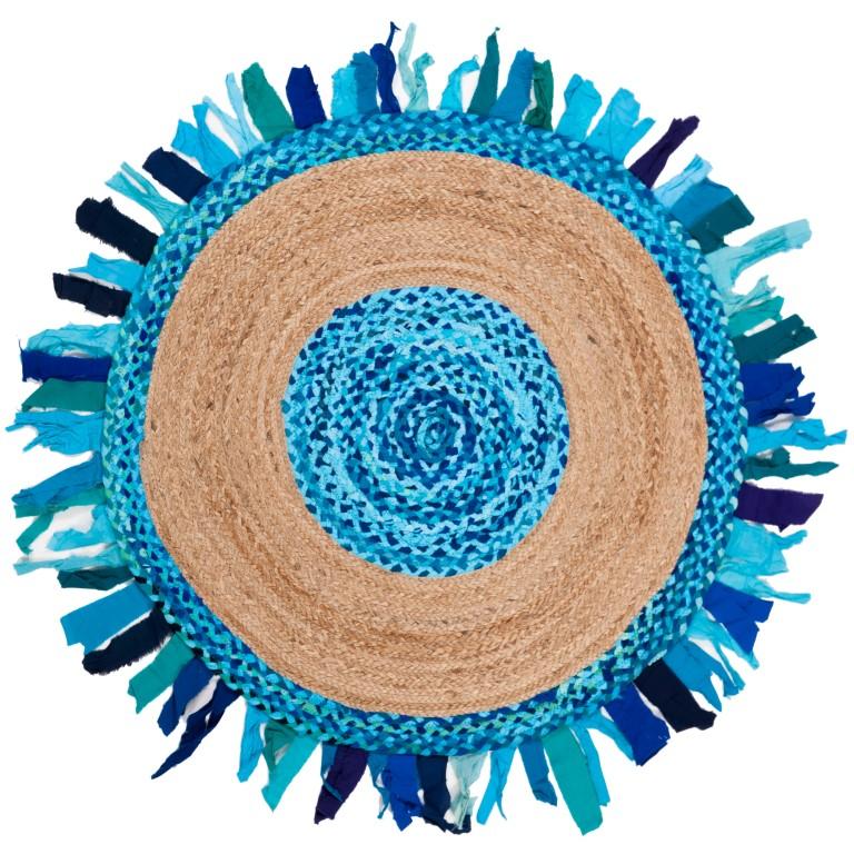Beige Blue Jute Braided Round Rugfor Living Room – 4 x 4 handmade by LoomifyHome