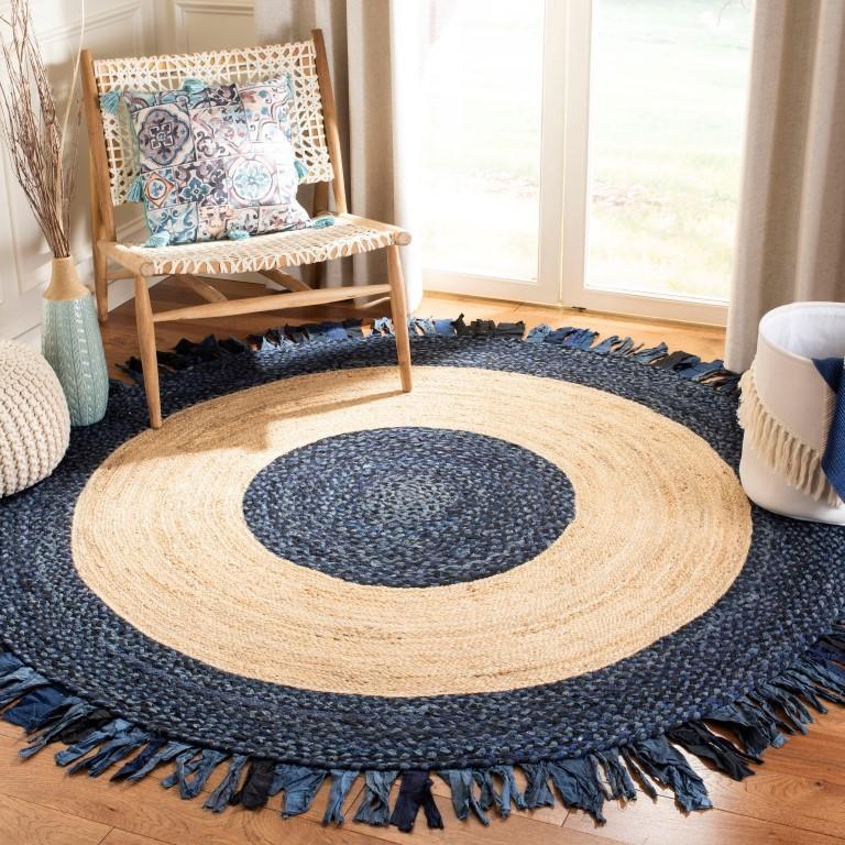 Beige Blue Jute Braided Round Rugfor Living Room – Fringes handmade by LoomifyHome