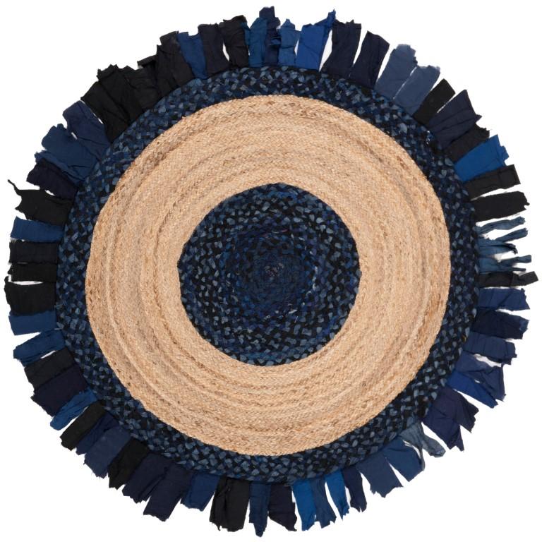 Beige Blue Jute Braided Round Rugfor Living Room – Fringes handmade by LoomifyHome