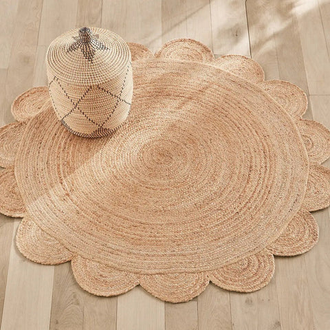 Beige Blue Jute Braided Round Rugfor Living Room – Shape handmade by LoomifyHome