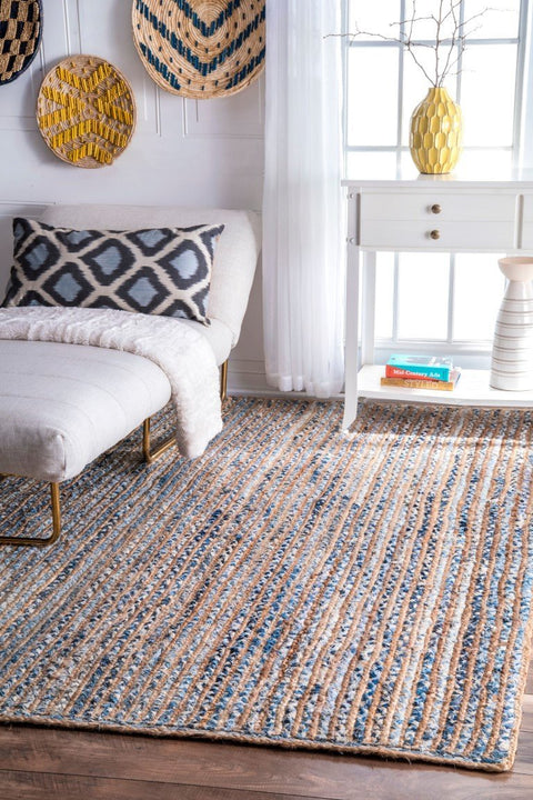 Beige Blue Jute Braided Oval Rugfor Living Room – 8x10 handmade by LoomifyHome