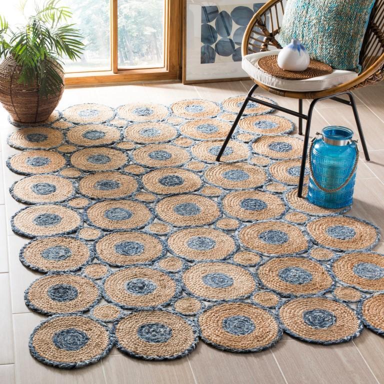 Beige Blue Jute Braided Scalloped Rugfor Living Room – Farmhouse handmade by LoomifyHome