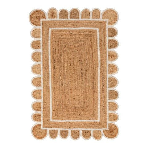 Beige Blue Jute Braided Scalloped Rugfor Living Room – Coastal handmade by LoomifyHome