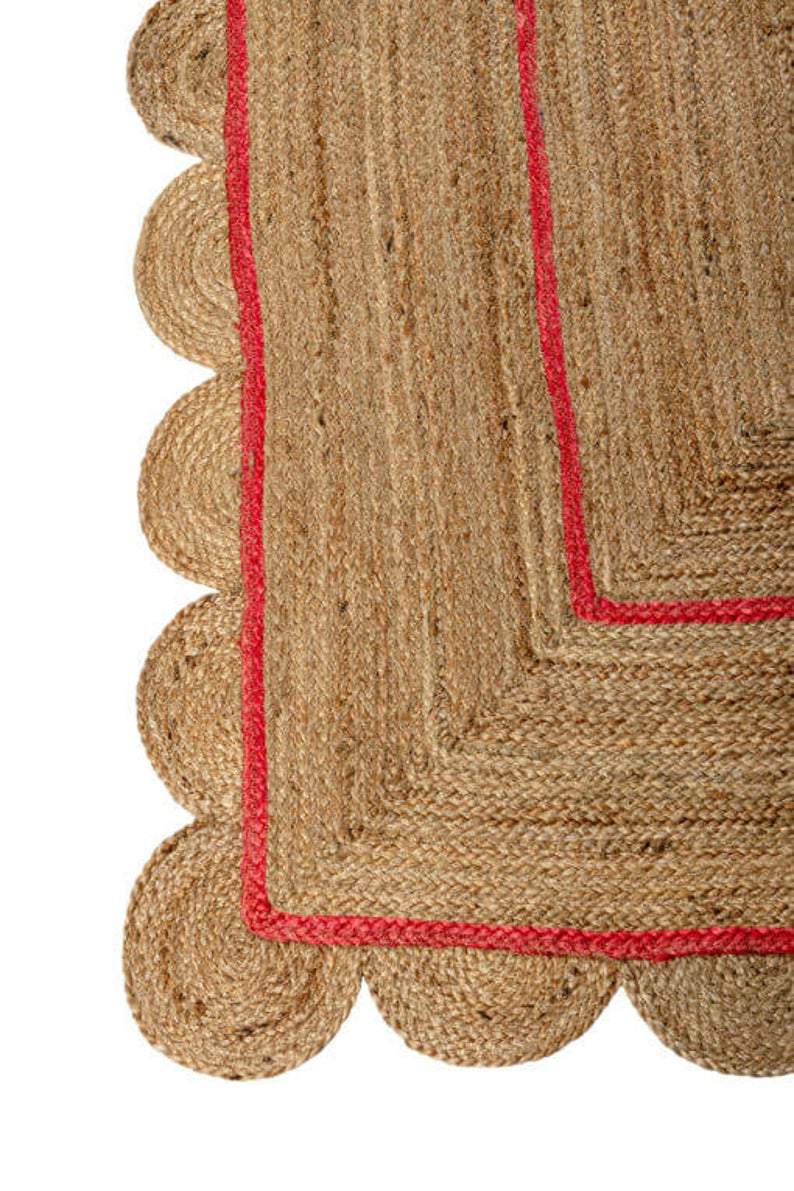 Beige Blue Jute Braided Scalloped Rugfor Living Room – 5x7 handmade by LoomifyHome