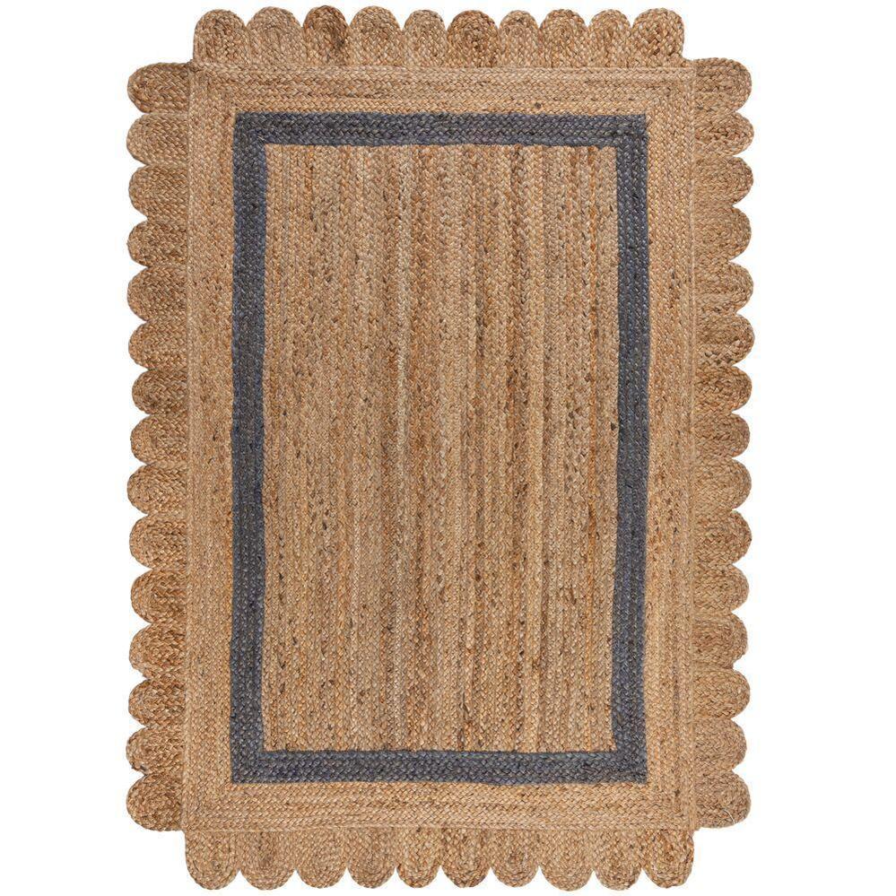 Beige Blue Jute Braided Scalloped Rugfor Living Room – Bohemian handmade by LoomifyHome