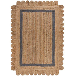 Beige Blue Jute Braided Scalloped Rugfor Living Room – Bohemian handmade by LoomifyHome