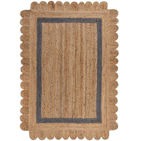 Beige Blue Jute Braided Scalloped Rugfor Living Room – Bohemian handmade by LoomifyHome