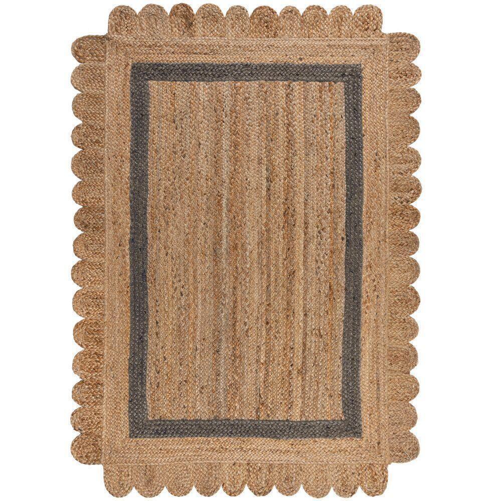Beige Blue Jute Braided Scalloped Rugfor Living Room – Bohemian handmade by LoomifyHome