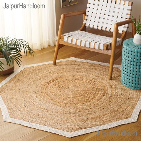 White Beige Jute Braided Round Rugfor Living Room – Bordered handmade by LoomifyHome