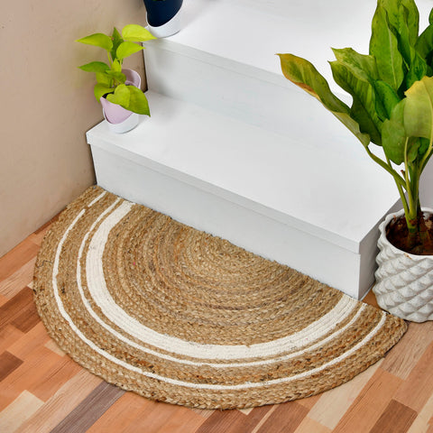 White Beige Jute Braided Half Moon Doormatfor Living Room – Striped handmade by LoomifyHome