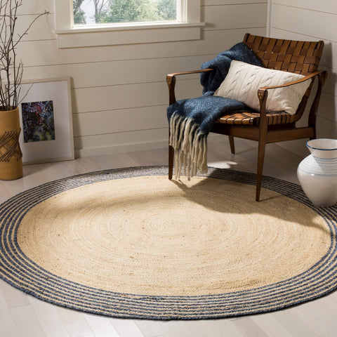Beige Blue Jute Braided Round Rugfor Living Room – Striped handmade by LoomifyHome