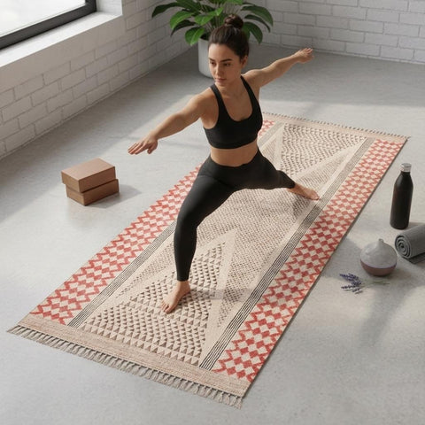 Premium Cotton Yoga Mats for Women and Men,  Woven, Anti Skid backing, Light Weight, Machine Washable, Non Slip for Home