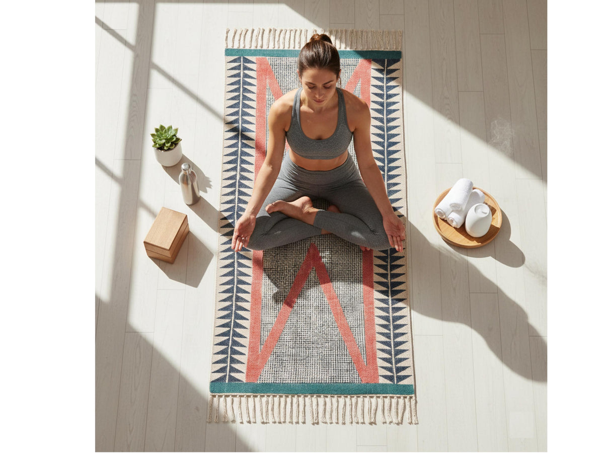 Organic Natural Cotton Yoga Woven Mats for Women and Men, breathable Anti Skid backing, Light Weight, Machine Washable, Non