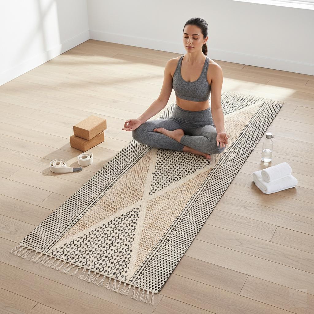 Handwoven Cotton Yoga Mat | Meditation Rug with Tassels: Eco-Friendly, Anti-Slip - Natural Fair Trade  Yoga, Exercise,
